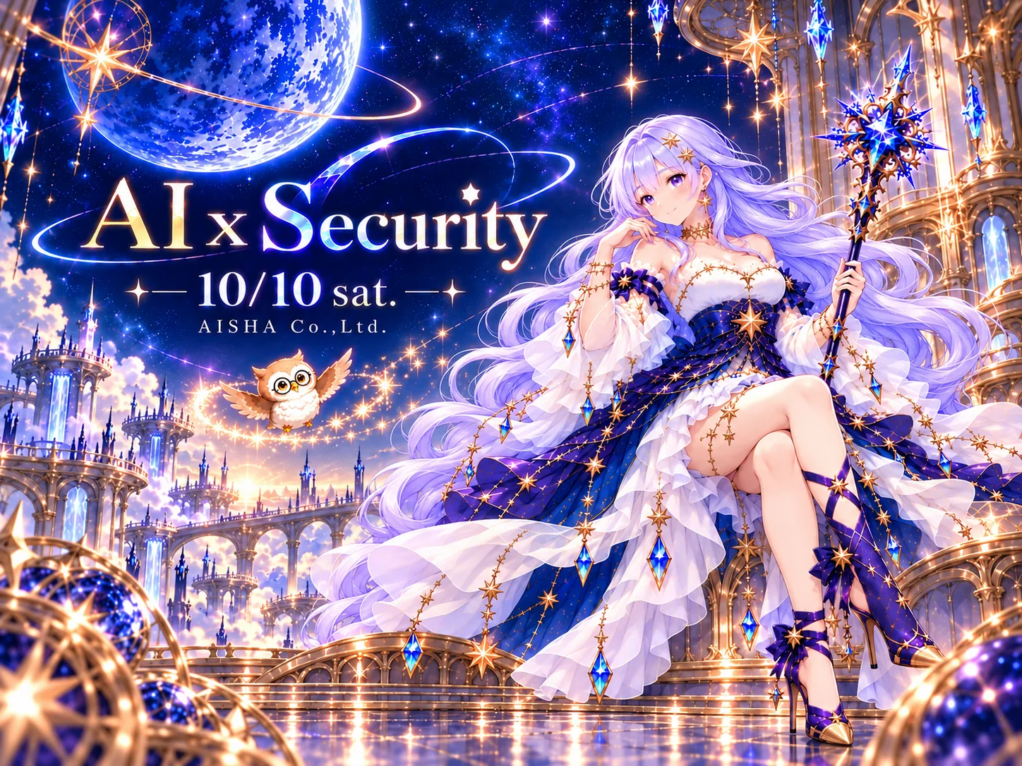 AI × Security 10月10日(土) 星の杖を持つ魔法使いの少女と、肩に乗るフクロウのイラスト。主催：AISHA Co.,Ltd.
